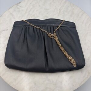 Vintage Navy Blue Leather Envelope Clutch Gold Chain Shoulder Bag Evening Ande